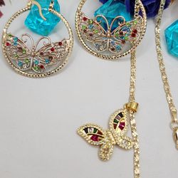 Butterflies Set Chain Hoops Multicolor Stones GOLD-PLATED 