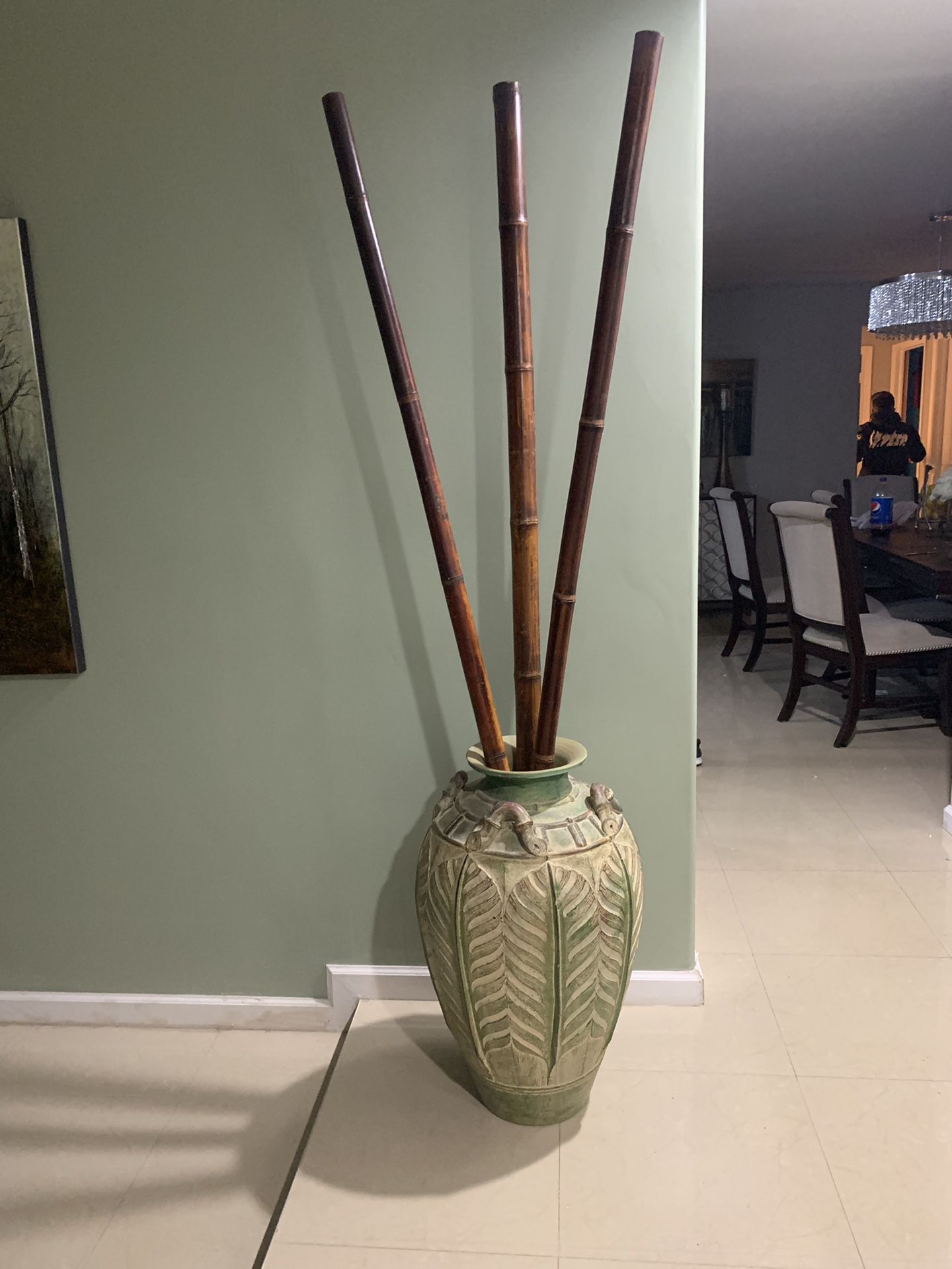 Large Ceramic Pot with Bamboo Poles