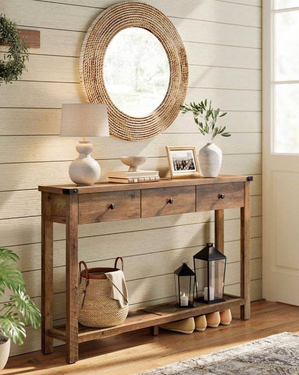 Honey Brown Entryway Table with 3 Drawers and Storage Shelf   SKU: LNT142K41 