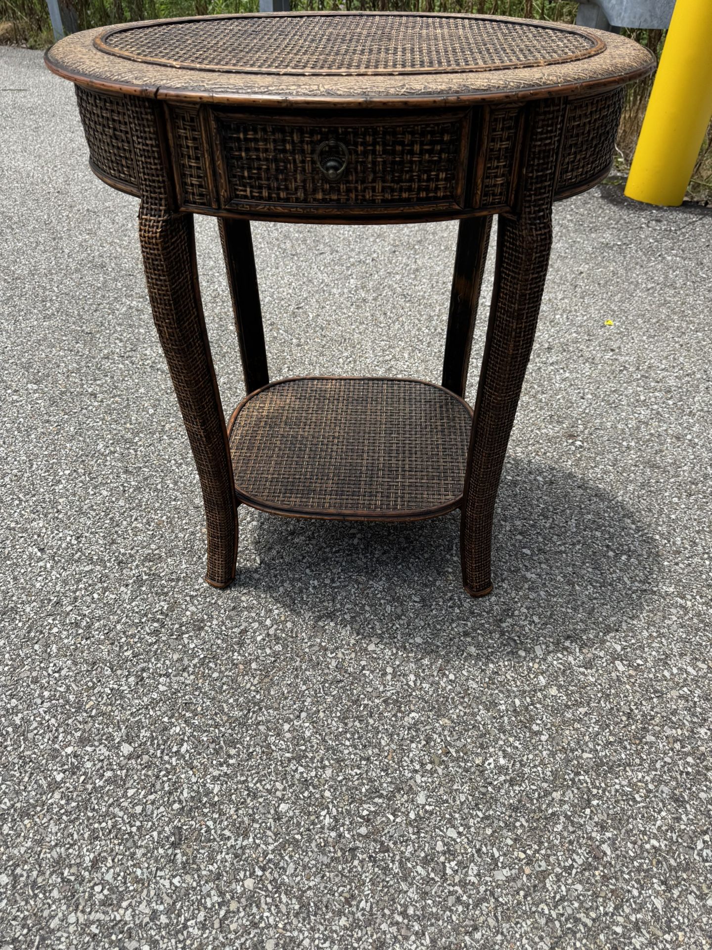 Rattan Oval End Side Table. With a Drawer 24” wide 18” deep 26” tall