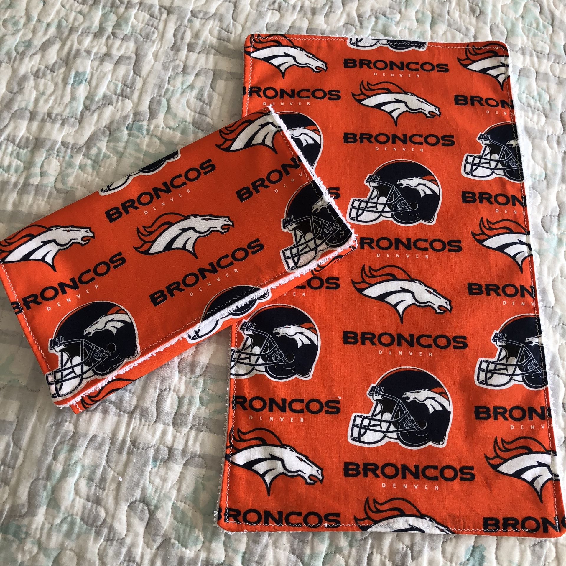 Set of two large Denver Broncos baby burp cloths burp rags