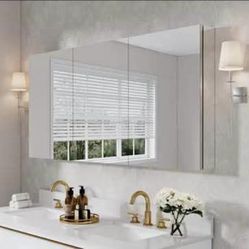 New in Box ROSA 60 in. W x 30 in. H Rectangular Aluminum Tri-View Medicine Cabinet with Mirror Blum