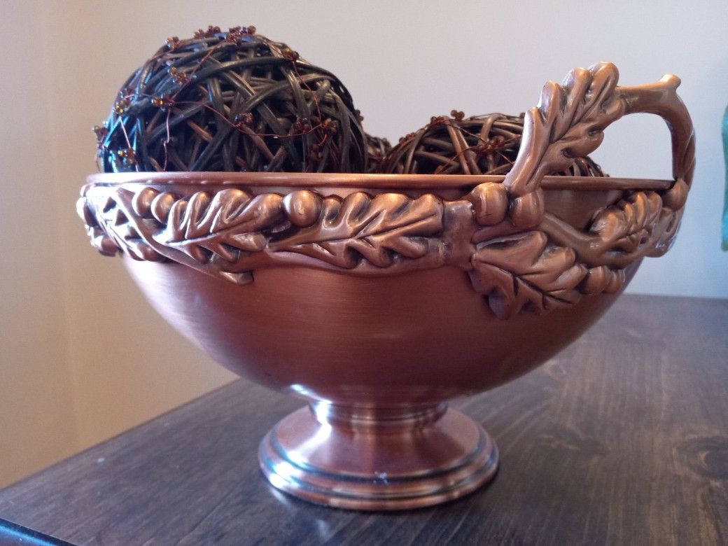 Copper Footed Fruit Bowl With Handles And Grape Leaves Pattern 9" x 5"