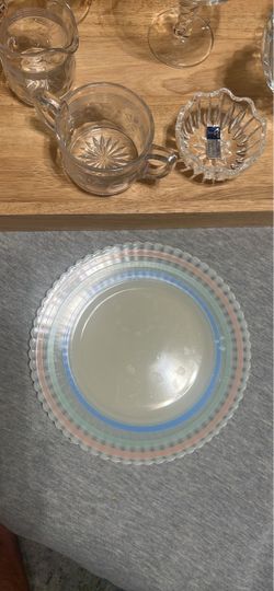 Vintage milk, glass Plate with Colored Stripe Border