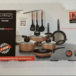NutriChef 12-Piece Nonstick Cookware Set – Brown, PFOA-Free, Compatible with All Stovetops