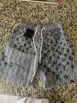 LV graphic shorts, gray, and black