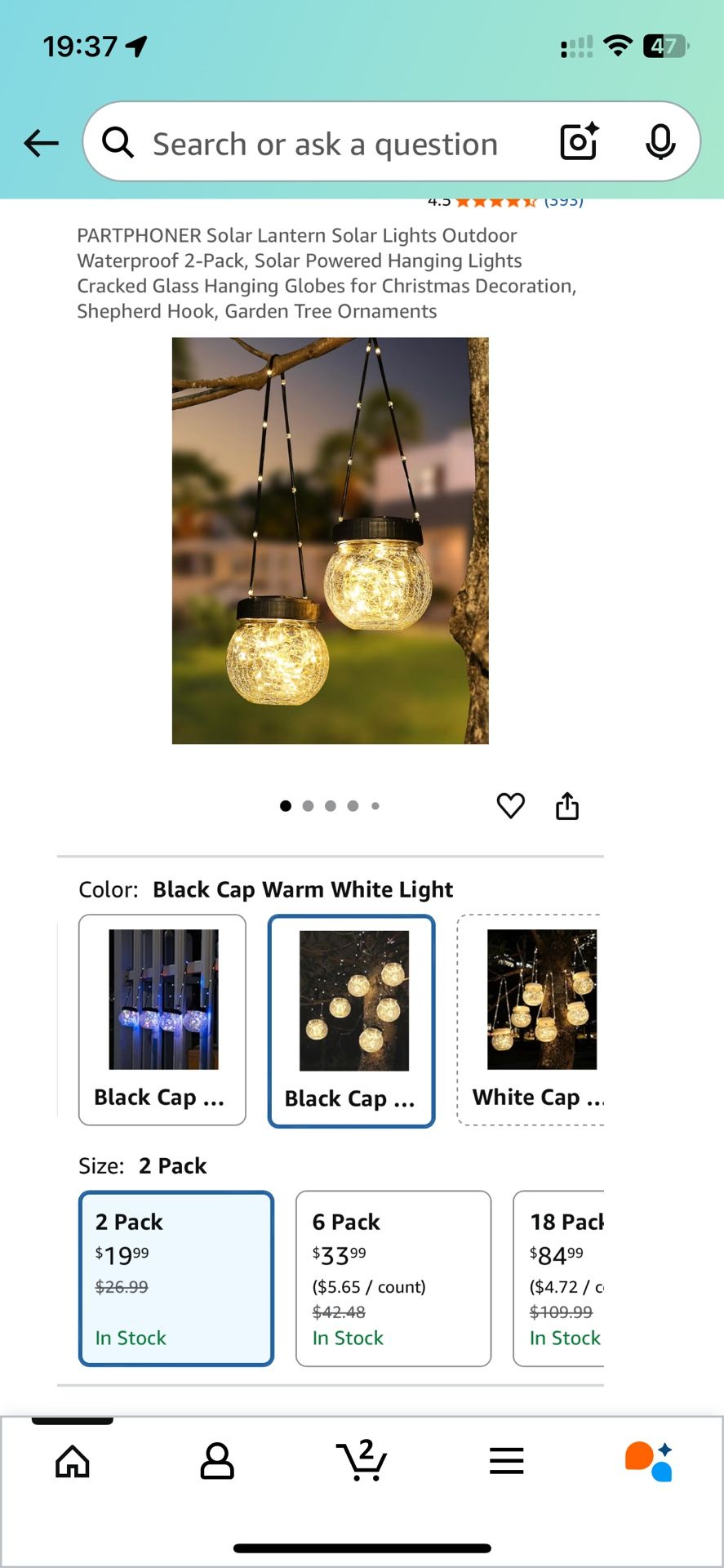 PARTPHONER Solar Lantern Solar Lights Outdoor Waterproof 2-Pack, Solar Powered Hanging Lights Cracked Glass Hanging Globes for Christmas Decoration, S