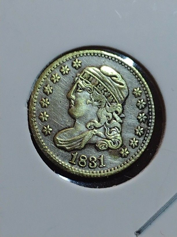 OLD NOVELTY 1X1 REMAKE SILVER PLATED US1831 LIBERTY BUST 5C.