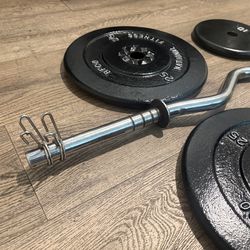 Standard Curl Bar With Pairs Of 25s, 10s And 5s. (Total: 94 lbs)