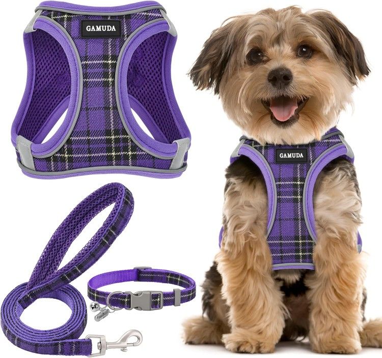 Reflective Adjustable Pet Harness Collar and Leash Set - Plaid Purple, XS