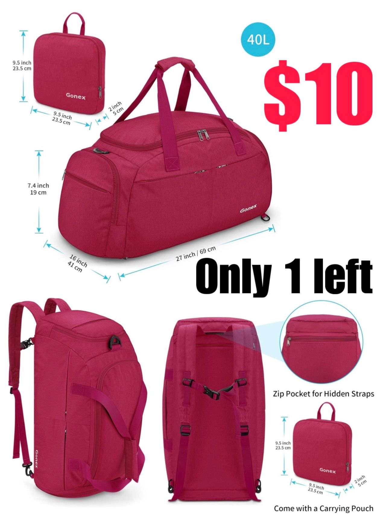 Duffle Backpack Gym Bag Workout Bags for Men Women with Shoe Compartment, 3-Way Travel Duffel Sports Bag Carry on Weekender Bag 40L Purplish Red