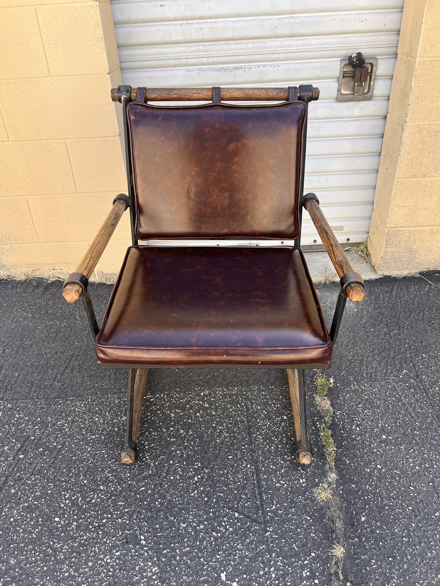 Vintage Cleo Baldon Style Oak & Wrought Iron X-Form Directors Chair