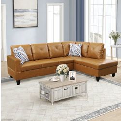 New Light Brown Leather Sectional Sofa / Couch with Chaise (Can Deliver) 