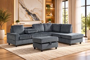 Gray Corduroy Sectional Sofa with Ottoman