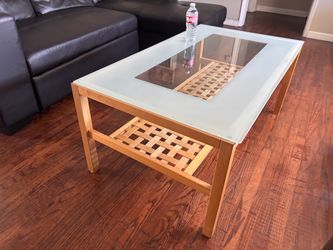 IKEA Coffee Table — Wood Frame with Glass Top & Woven Shelf