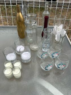 Mixed Glass Vases, Candle Holders, and Stemless Wine Glasses Lot