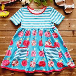 SIZE 6 GIRLS BOUTIQUE STRIPED APPLE PRINT STRETCHY KNIT DRESS