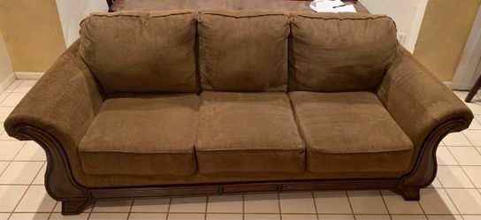Brown Fabric 3-Seat Sofa with Wood Trim