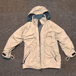 Eddie Bauer Men's Beige Green Hooded Parka Jacket Button Zipper Logo Accents
