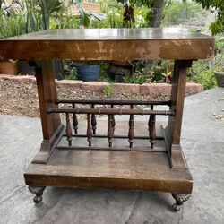 Vintage Wood Magazine Rack Side Table w/ Spindles & Casters
