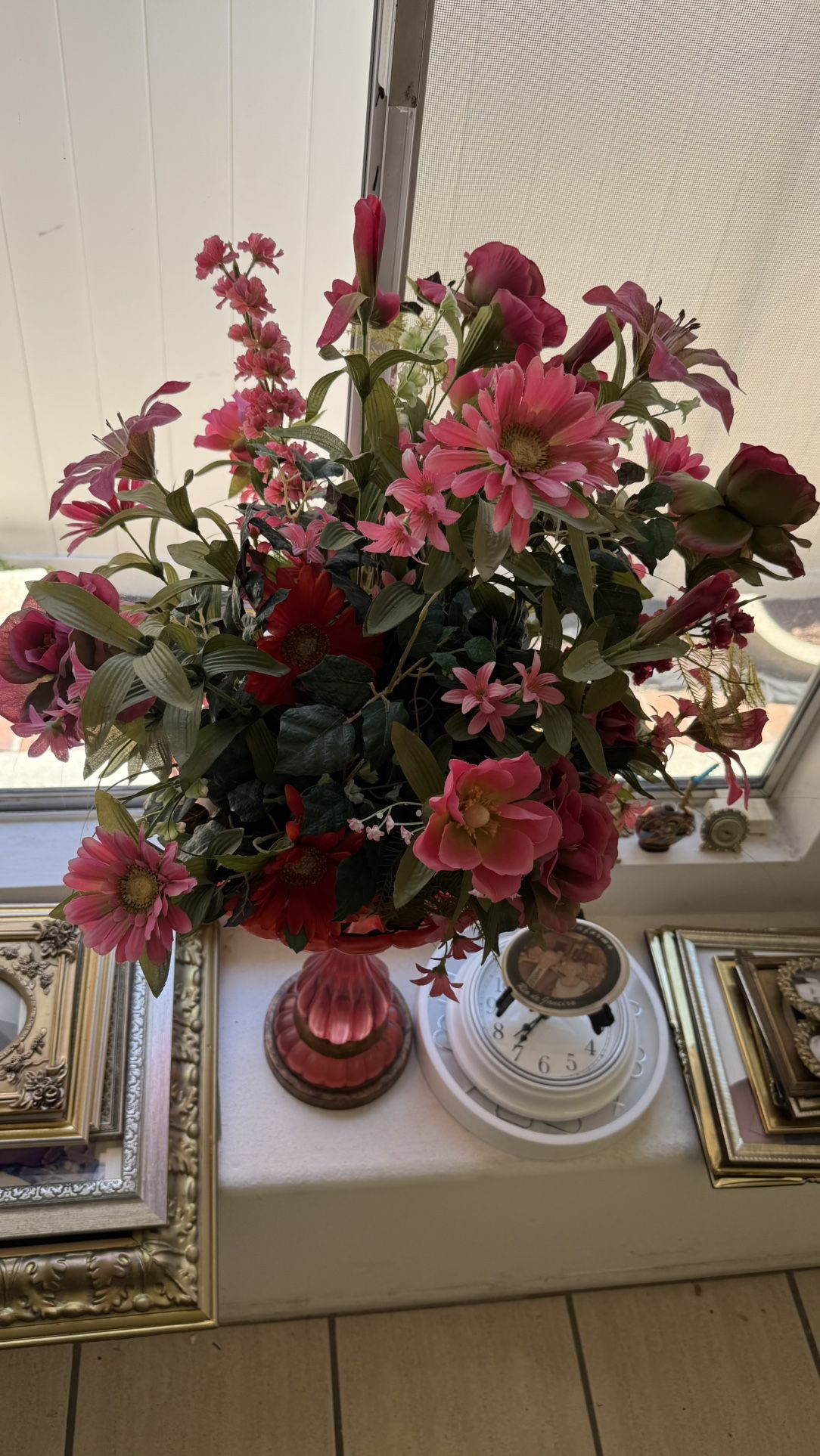 Red Vase with Artificial Flower Arrangement