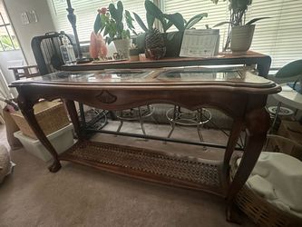 Wood Sofa Table with Glass Top and Cane Shelf