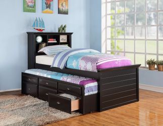 Brand new black or dark cherry all wood twin captain bedframe with twin trundle and storage drawers (