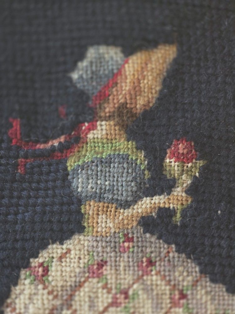 VIntage Glass Framed Needlepoint Artwork of Victorian Girl in Bonnet