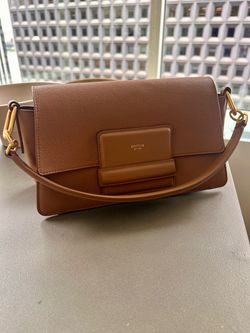 Oroton Alva Day Bag - Tan Pebbled Leather Shoulder Bag, Gold Hardware, 2 Straps, Dust Bag