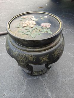 2 Oriental Drum Stool / Side Table with Floral Stone Inlay