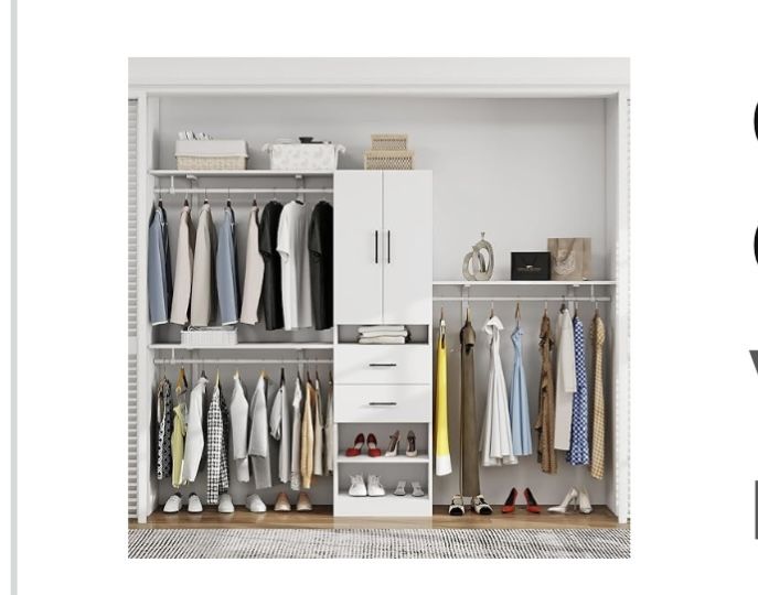 ClassyCabin 8ft Closet Organizers, Closet Storage System with 3 Shelf Towers, 2 Drawers, 2 Door White Free Standing and Built in Organizer Systems 95.