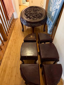 20th-century Chinese carved coffee table with nesting stool