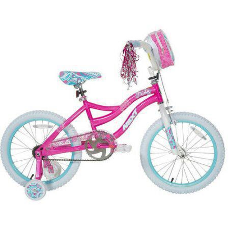 Girls bycicle with training wheels, backpack & helmet.