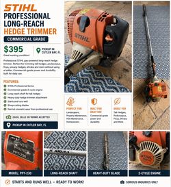 Professional STIHL gas-powered long-reach hedge trimmer in good working condition.  This is commercial-grade equipment designed for trimming tall hedg