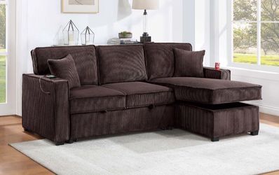 Gorgeous! Chocolate 2-pc sectional sofa with pull-out bed & storage  chocolate corduroy