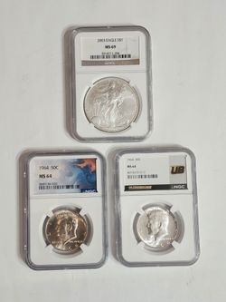 Silver Graded & Certified Coins / Silver Eagle & 2 - 1964 Kennedy Half Dollar Coins