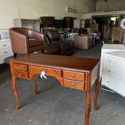 Wooden Writing Desk with Cabriole Legs and 5 Drawers, Brown