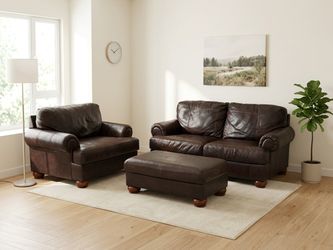 Dark Brown Leather Sofa Set with Ottoman