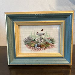Framed Garden Birdbath Cross Stitch