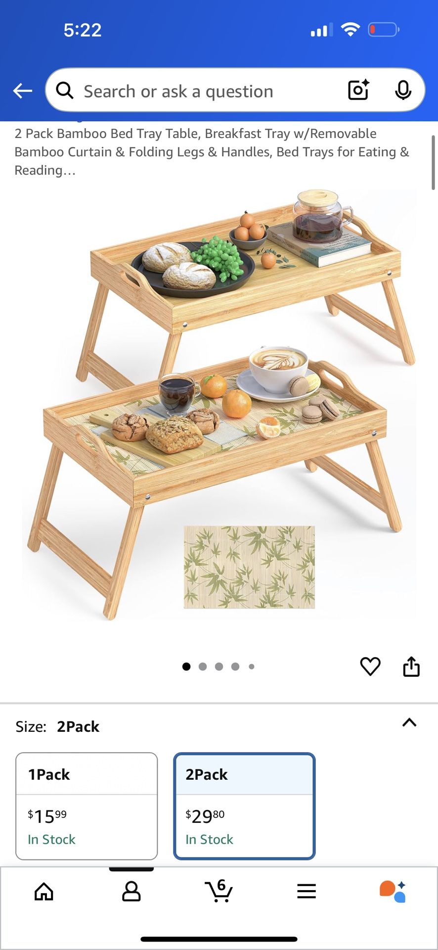 2 Pack Bamboo Bed Tray Table, Breakfast Tray w/Removable Bamboo Curtain & Folding Legs