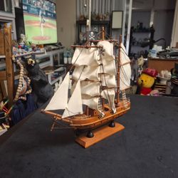 Decorative Wooden Sailing Ship With White Sails & A Pirate Flag 11.5"H X 12"L X 2"W
