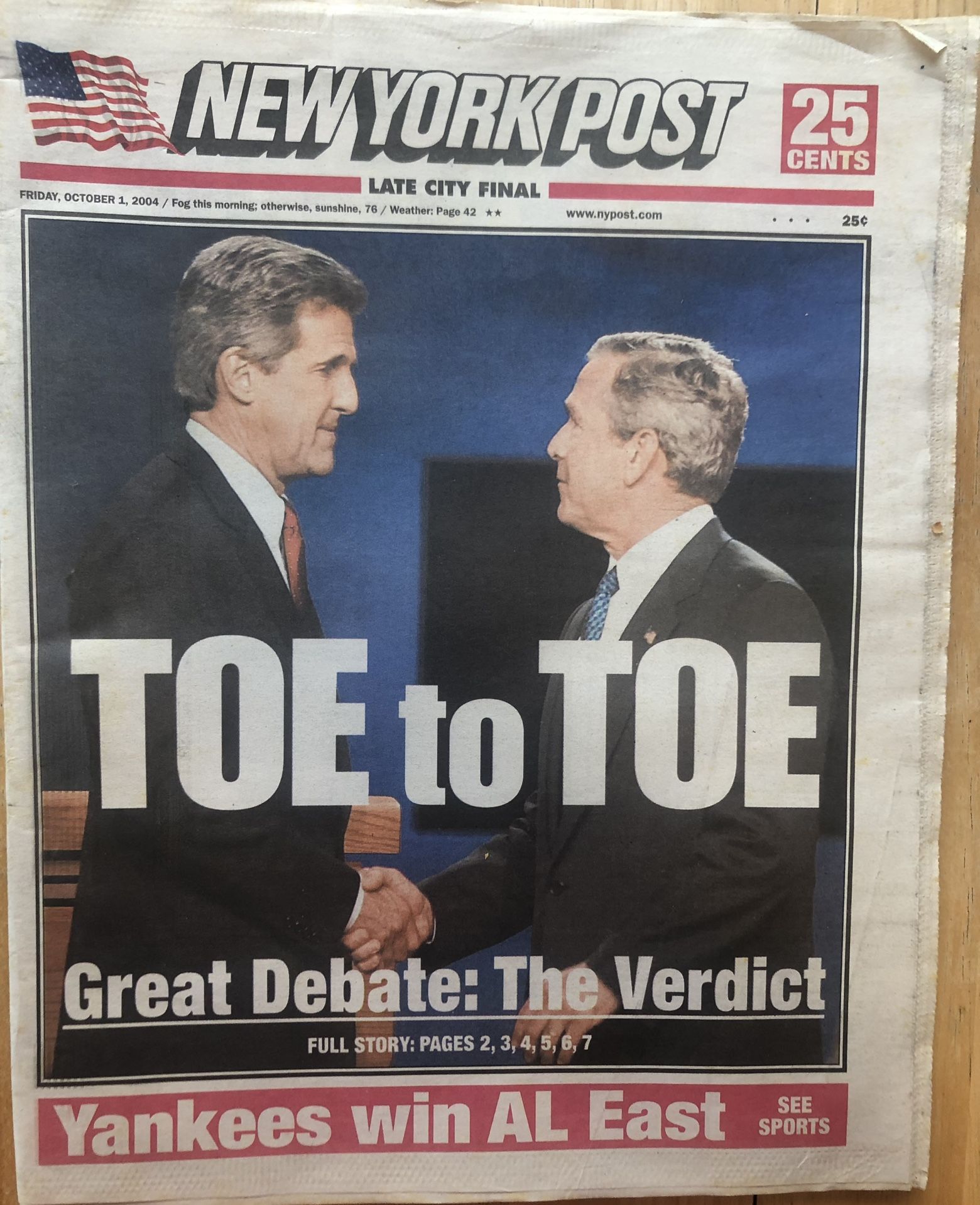New York Post-George W Bush-New York Yankees Win The A.L. East Oct.1,2004