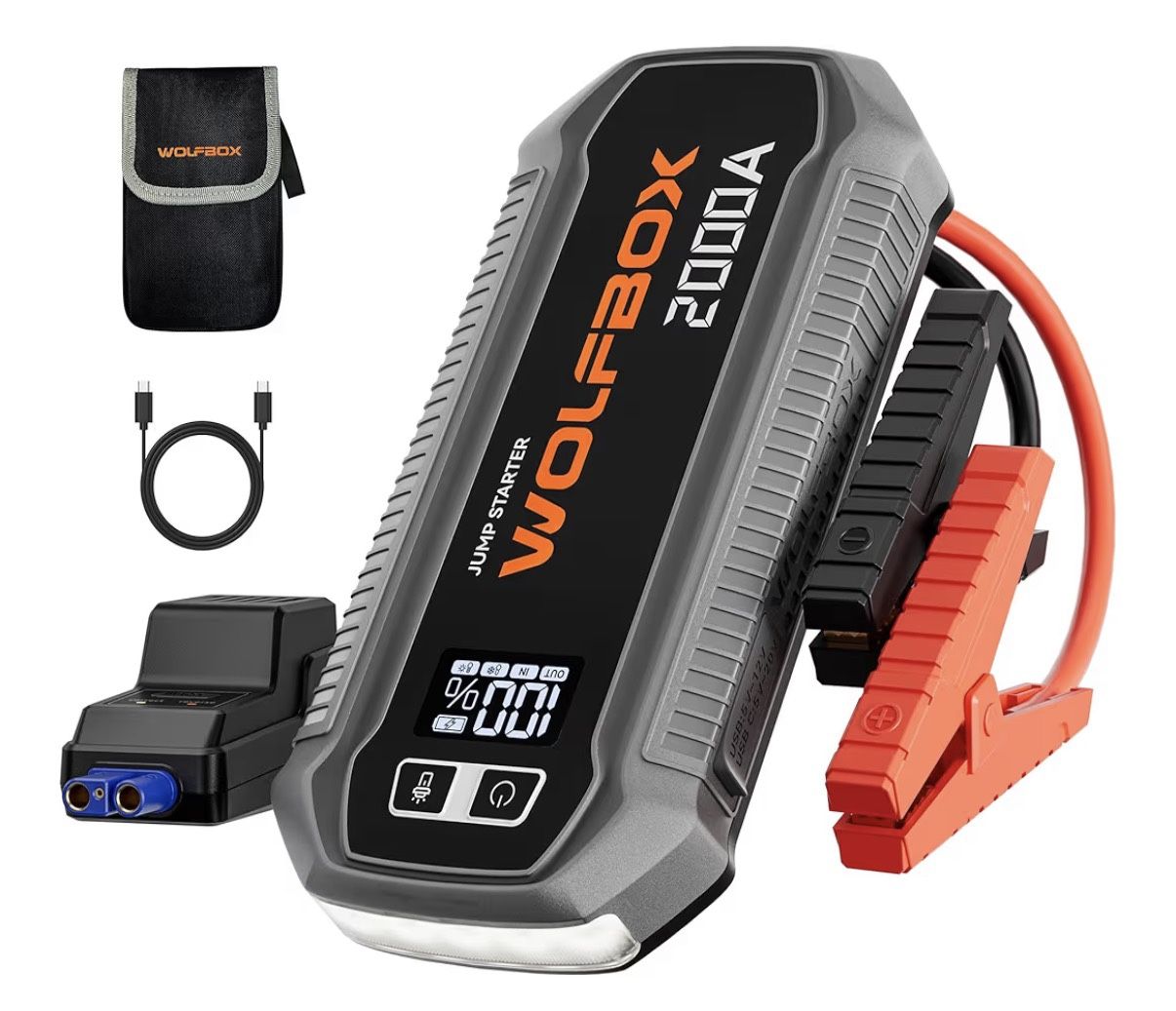 Wolfbox Portable Jump Starter, Flashlight, and charger with cables and case! Brand new in sealed box
