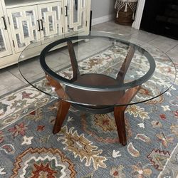 Round wood glass coffee table 34 x 19