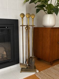 Vintage Brass Seashell 5 piece fireplace Tool Kit