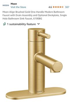 Moen Align Brushed Gold One-Handle Modern Bathroom Faucet with Drain Assembly and Optional Deckplate, Single Hole Bathroom Sink Faucet, 6190BG