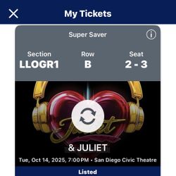 Juliet Tickets. Broadway SD.  Civic Theater 10/14. $200. 