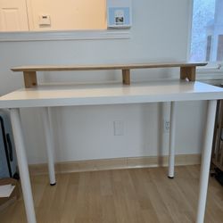 IKEA LINNMON/ADILS White Table with Wood Monitor Stand Riser & Autonomous Ergonomic Office Chair