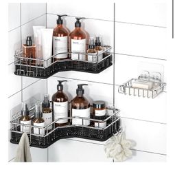 Corner Shower Shelves, 3 Pack Rustproof Stainless Steel Adhesive Shower Caddy for Home Decor, Weave Rattan Bathroom Shower Organizer with Large Capaci