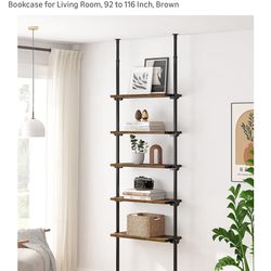 ALLZONE 5 Tiers Narrow Bookshelf, Tall Adjustable Ladder Book Shelf with Open Storage, Floor to Ceiling Tension Mount, Wooden Industrial Bookcase for